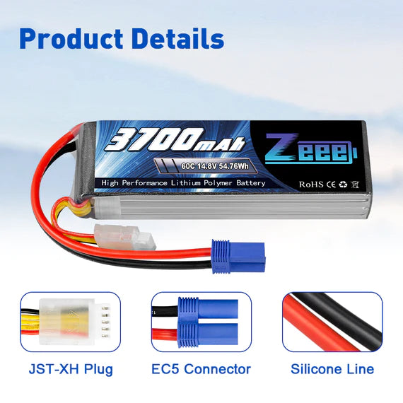 Zeee 4S Lipo Akku 3700mAh 14,8V 60C Soft Case mit EC5 Stecker für RC Flugzeug RC Modelle (2 Packungen) - LiPo24.de