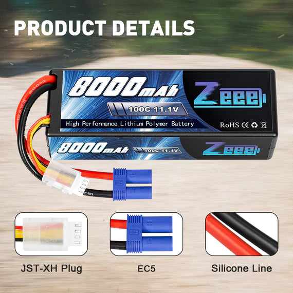 Zeee 3S Lipo Akku 8000mAh 11,1V 100C Hartschalenkoffer mit EC5 Stecker für 1/8 1/10 RC Automodell (2 Stück) - LiPo24.de