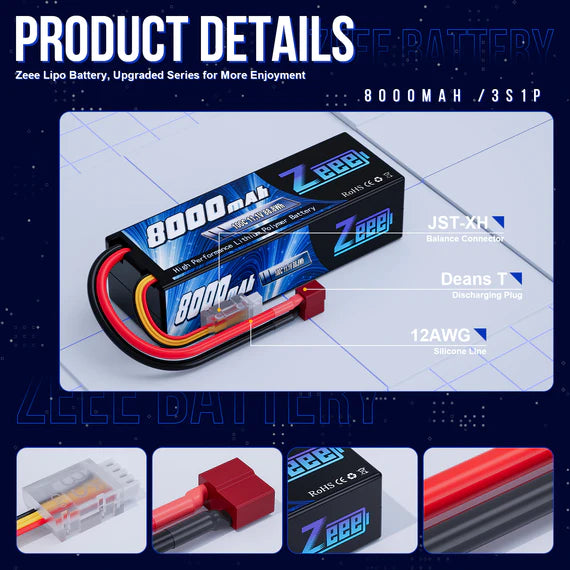 Zeee 3S Lipo Akku 8000mAh 11.1V 100C mit Deans T Plug Hard Case Akku - LiPo24.de