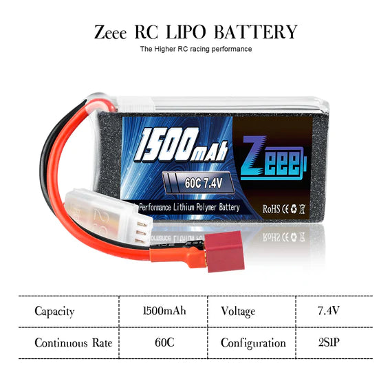 Zeee 2S Lipo Akku 1500mAh 7.4V 60C mit Deans Stecker für RC Modelle (2 Pack) - LiPo24.de