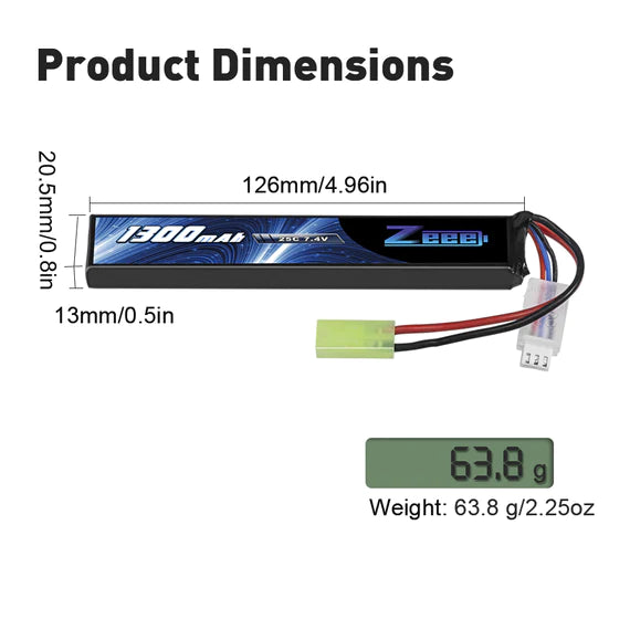 Zeee 2S Lipo Akku 1300mAh 7,4V 25C Airsoft Mini Tamiya Stecker - LiPo24.de