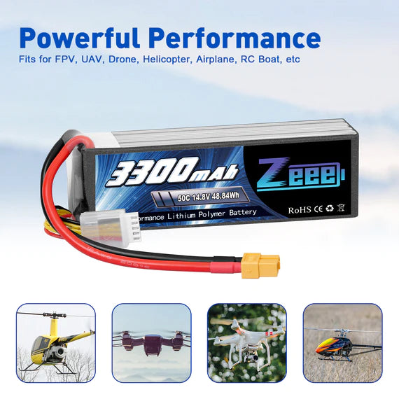 Zeee 4S Lipo Akku 3300mAh 14,8V 50C Soft Case mit XT60 Stecker für RC Flugzeug RC Auto (2 Packungen) - LiPo24.de