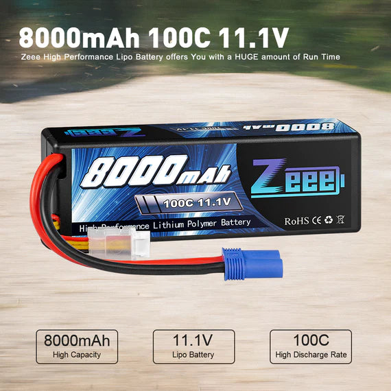 Zeee 3S Lipo Akku 8000mAh 11,1V 100C Hartschalenkoffer mit EC5 Stecker für 1/8 1/10 RC Automodell (2 Stück) - LiPo24.de