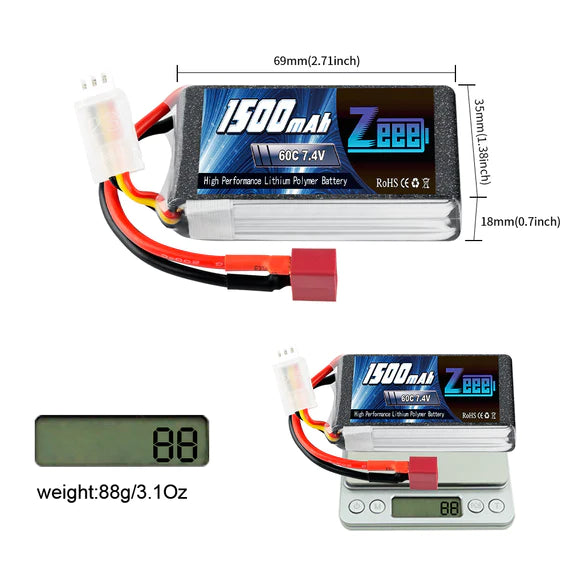 Zeee 2S Lipo Akku 1500mAh 7.4V 60C mit Deans Stecker für RC Modelle (2 Pack) - LiPo24.de