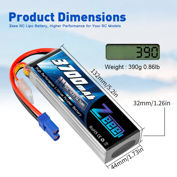 Zeee 4S Lipo Akku 3700mAh 14,8V 60C Soft Case mit EC5 Stecker für RC Flugzeug RC Modelle (2 Packungen) - LiPo24.de