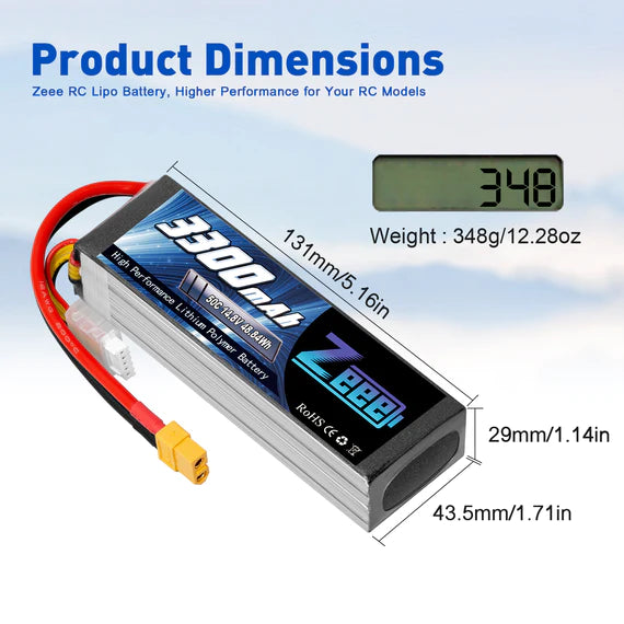 Zeee 4S Lipo Akku 3300mAh 14,8V 50C Soft Case mit XT60 Stecker für RC Flugzeug RC Auto (2 Packungen) - LiPo24.de