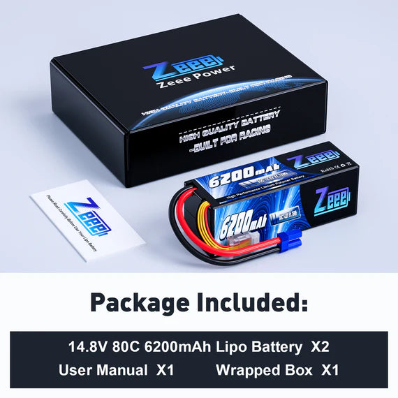 Zeee 4S Lipo Akku 6200mAh 14,8 V 80 C Hartschalenkoffer mit EC5-Anschluss für RC Car RC-Modelle (2 Packungen) - LiPo24.de