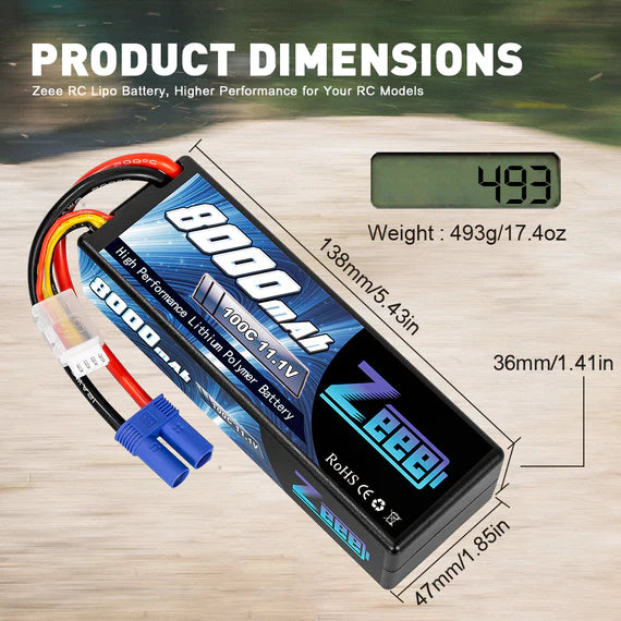 Zeee 3S Lipo Akku 8000mAh 11,1V 100C Hartschalenkoffer mit EC5 Stecker für 1/8 1/10 RC Automodell (2 Stück) - LiPo24.de