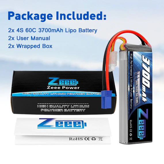 Zeee 4S Lipo Akku 3700mAh 14,8V 60C Soft Case mit EC5 Stecker für RC Flugzeug RC Modelle (2 Packungen) - LiPo24.de
