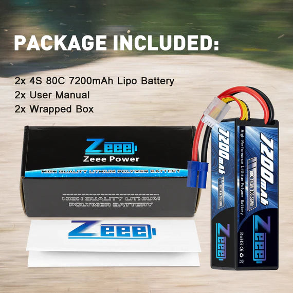 Zeee 4S Lipo Akku 7200mAh 14,8V 80C mit EC5 Anschluss Hartschalenkoffer für RC Car RC Racing Modelle (2 St.) - LiPo24.de