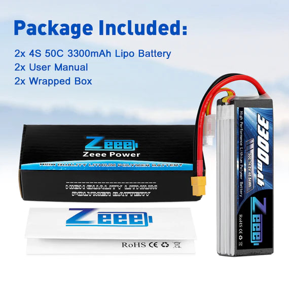 Zeee 4S Lipo Akku 3300mAh 14,8V 50C Soft Case mit XT60 Stecker für RC Flugzeug RC Auto (2 Packungen) - LiPo24.de