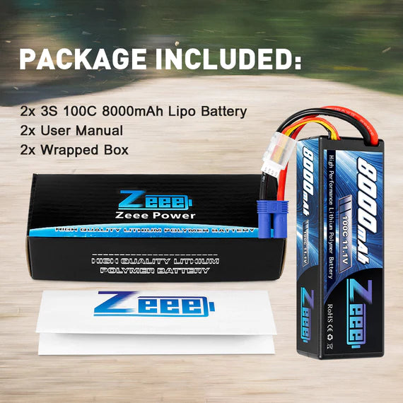 Zeee 3S Lipo Akku 8000mAh 11,1V 100C Hartschalenkoffer mit EC5 Stecker für 1/8 1/10 RC Automodell (2 Stück) - LiPo24.de