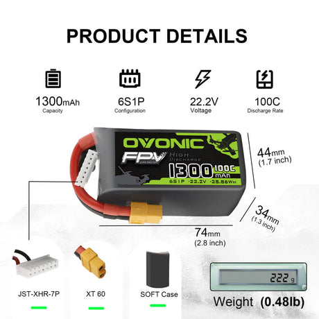 Ovonic FPV 6S 1300mAh 100C 22.2V XT60 LiPo Akkupack