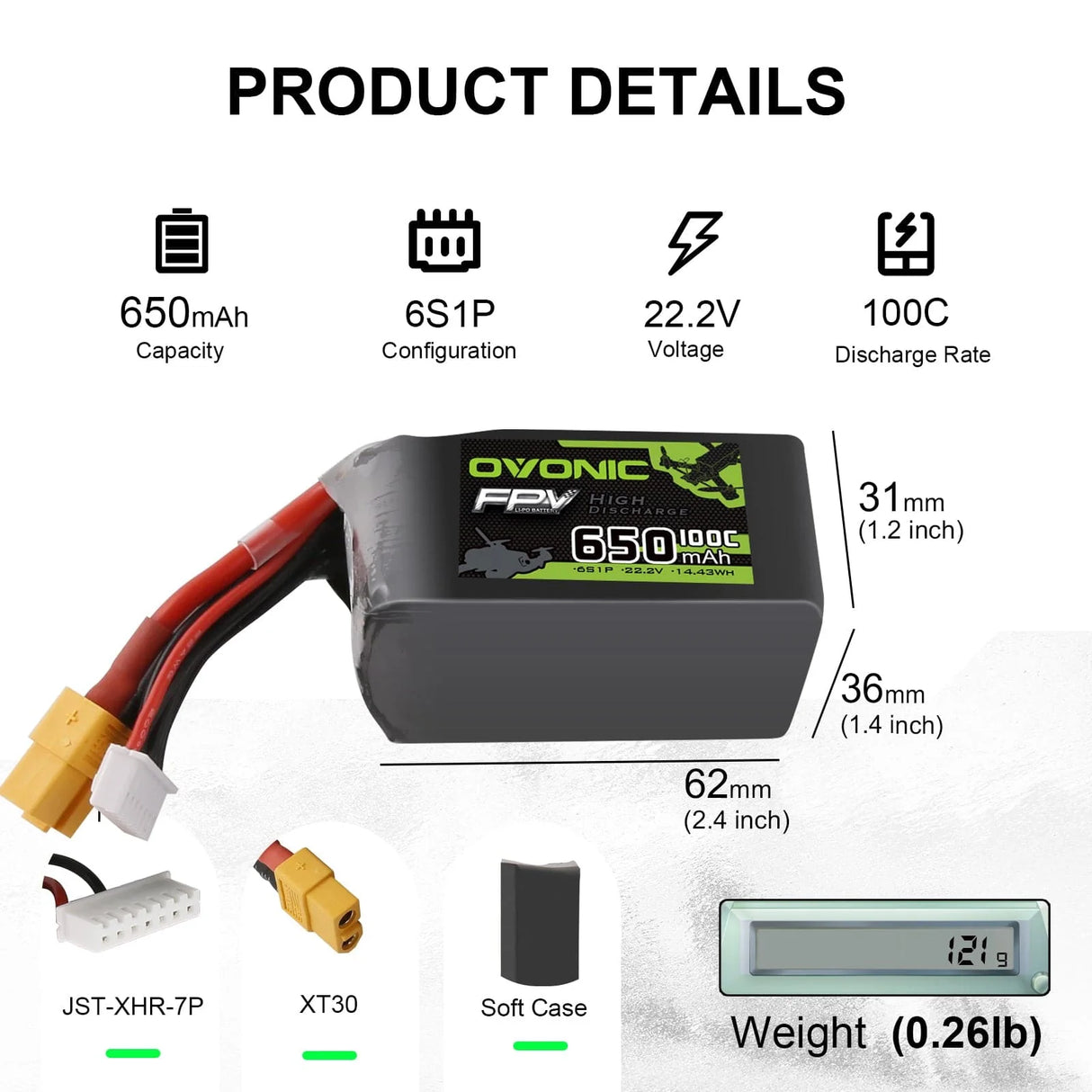 Ovonic 6S 650mAh 100C 22,2V XT30 LiPo Akku Pack (2 St.) - LiPo24.de