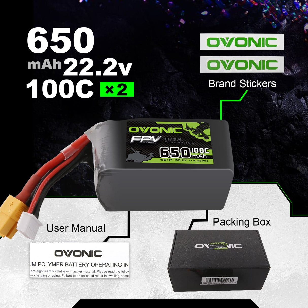 Ovonic 6S 650mAh 100C 22,2V XT30 LiPo Akku Pack (2 St.) - LiPo24.de