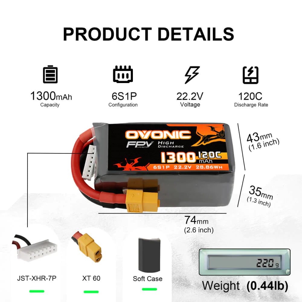 Ovonic 6S 1300mAh 120C 22,2V XT60 LiPo Akkupack - LiPo24.de