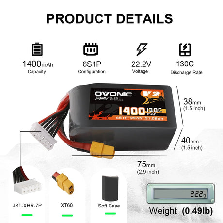 Ovonic 6S 1400mAh 130C 22,2V XT60 Lipo Akku Pack (2  St.) - LiPo24.de