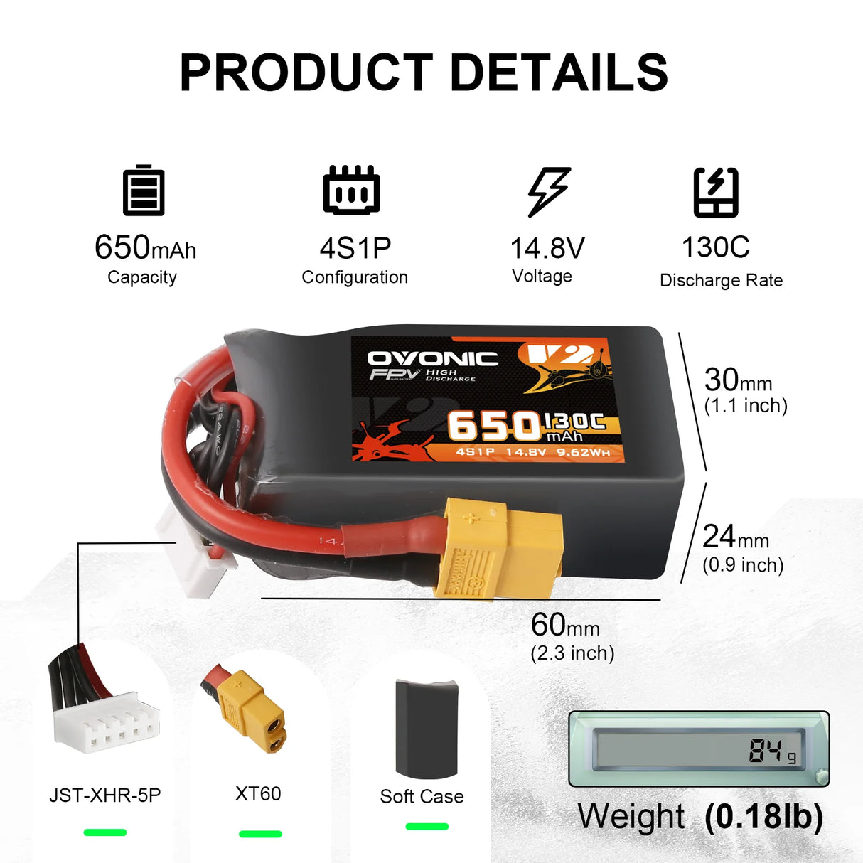 Ovonic 4S 650mAh 130C 14,8V XT60 LiPo Akku (4 St.) - LiPo24.de