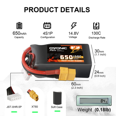 Ovonic 4S 650mAh 130C 14,8V XT60 LiPo Akku (4 St.) - LiPo24.de