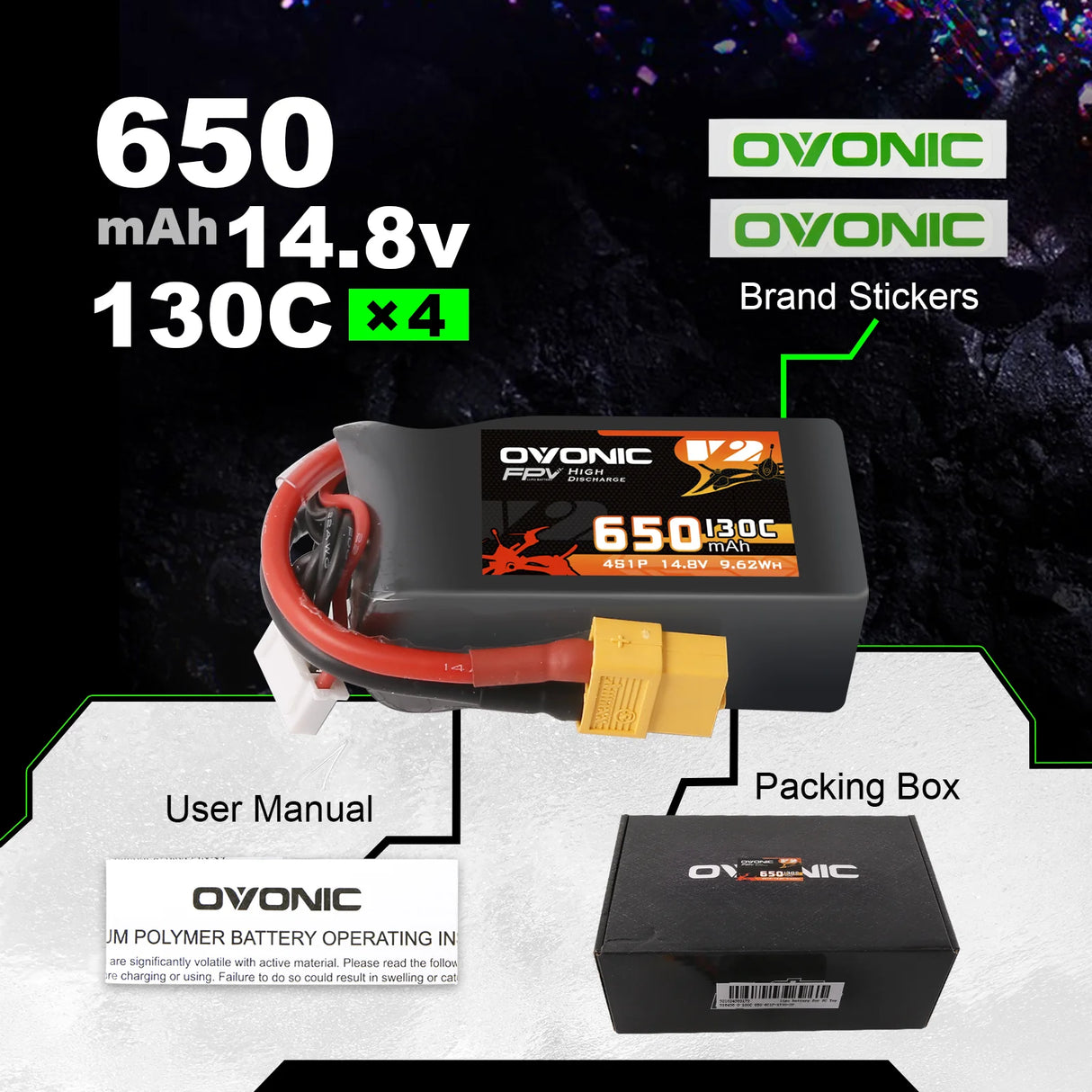 Ovonic 4S 650mAh 130C 14,8V XT60 LiPo Akku (4 St.) - LiPo24.de