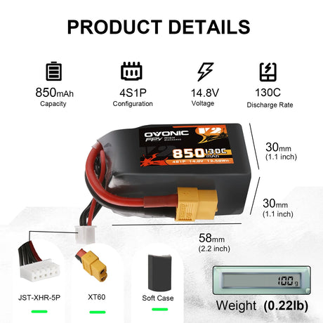 Ovonic 4S 850mAh 130C 14,8V XT60 Lipo Akku Pack (4 St.) - LiPo24.de