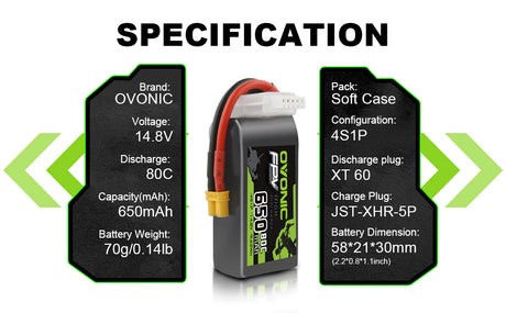 Ovonic 4S 650mAh 80C 14,8V XT30 Lipo Akku (4 St.) - LiPo24.de