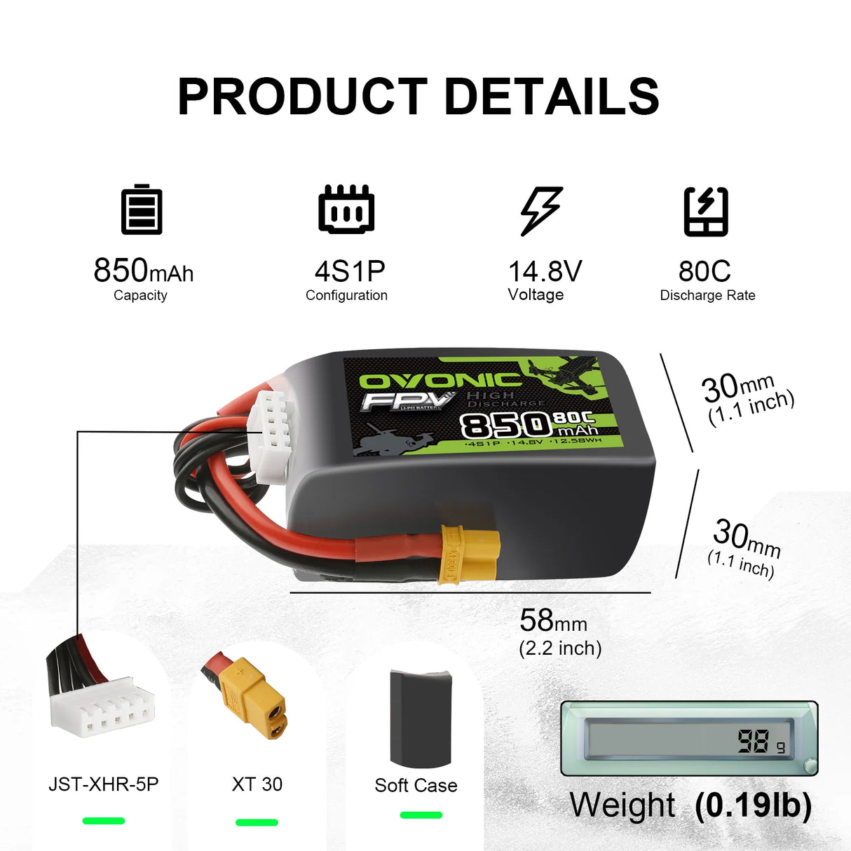 Ovonic 4S 850mAh 80C 14,8V XT30 Lipo Akku (4 St.) - LiPo24.de